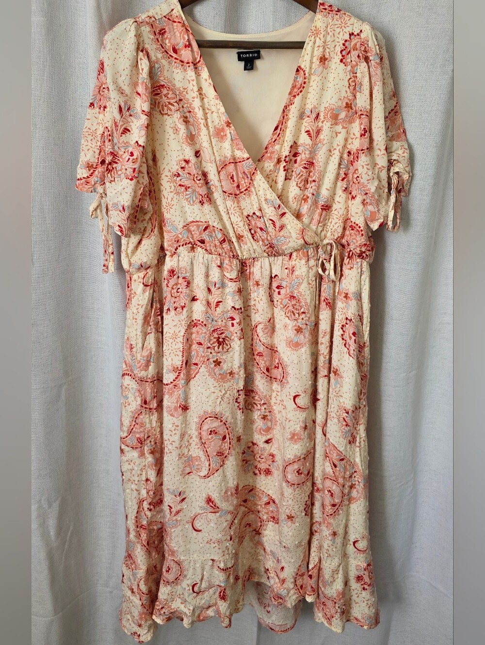 Torrid Swiss Dot Paisley Surplice Midi Dress Pink Cream Plus Size 2